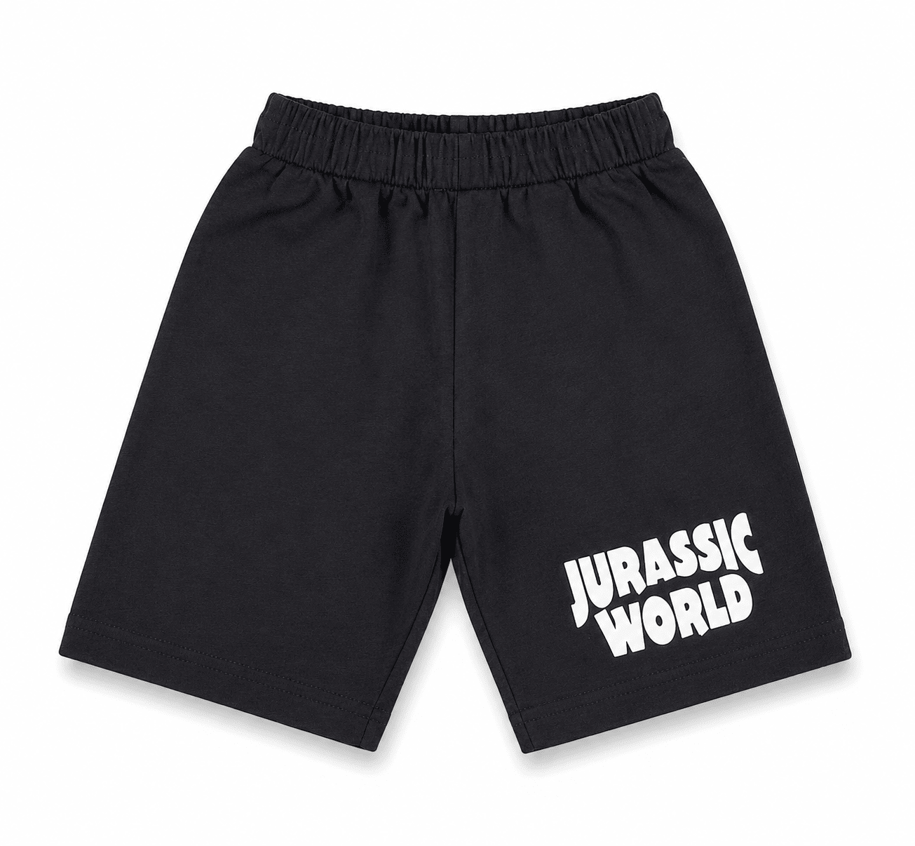 Black athletic shorts with an elastic waistband and a white 'JURASSIC WORLD' logo printed on the lower left leg, shown against a plain white background.